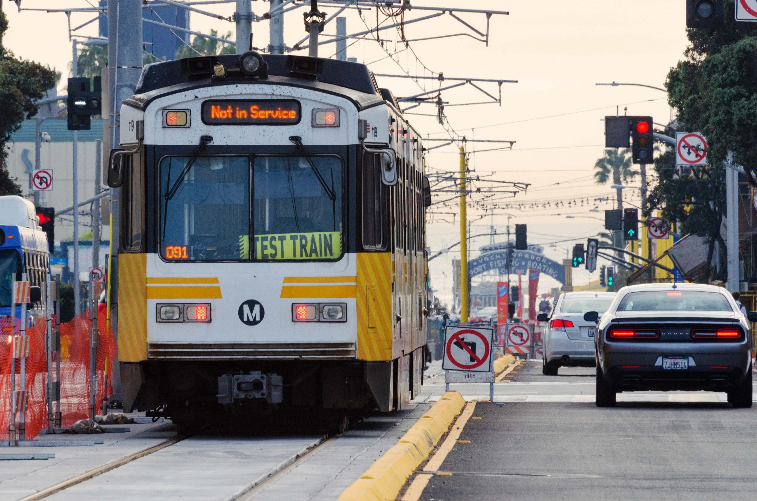 A westbound Expo Line test train heads toward the Downtown Santa Monica Station at 4th and Colorado Avenue on Tuesday. Photos by Steve Hymon/Metro.