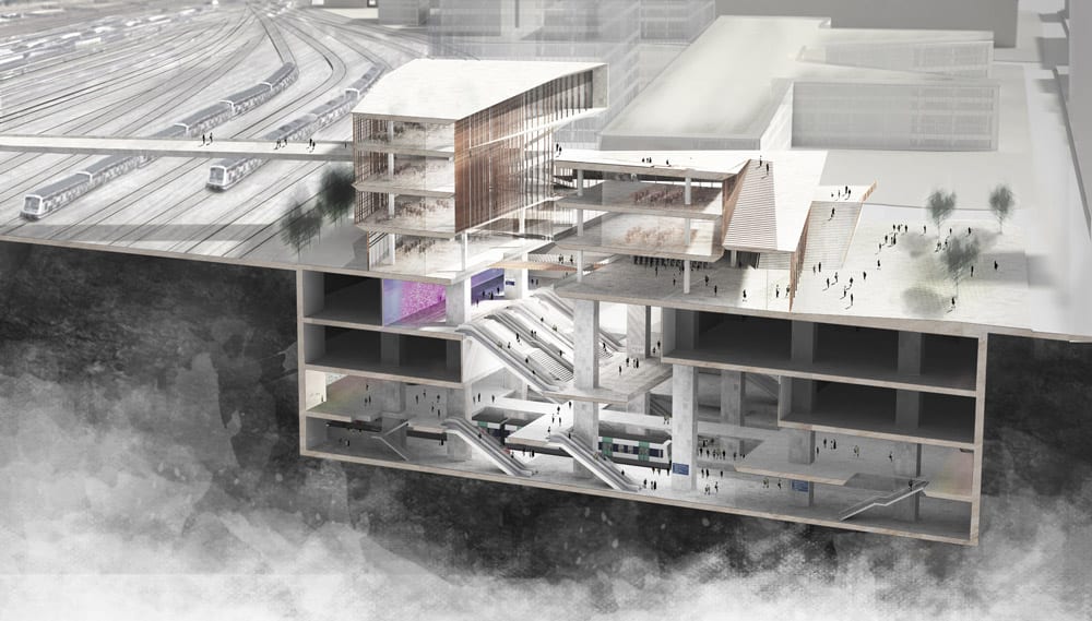 A rendering of one of the new stations planned for the Paris Metro.