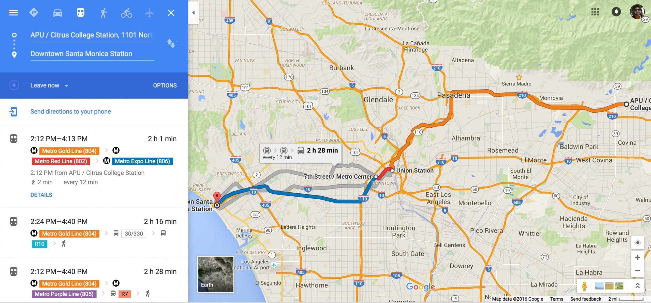 The Azusa-to-SaMo trip as seen on Google Maps.