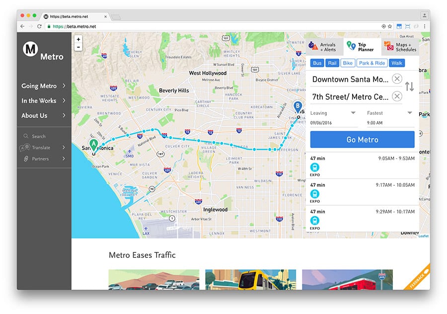 Screen capture of Trip Planner on the new Metro website, currently in beta-testing.