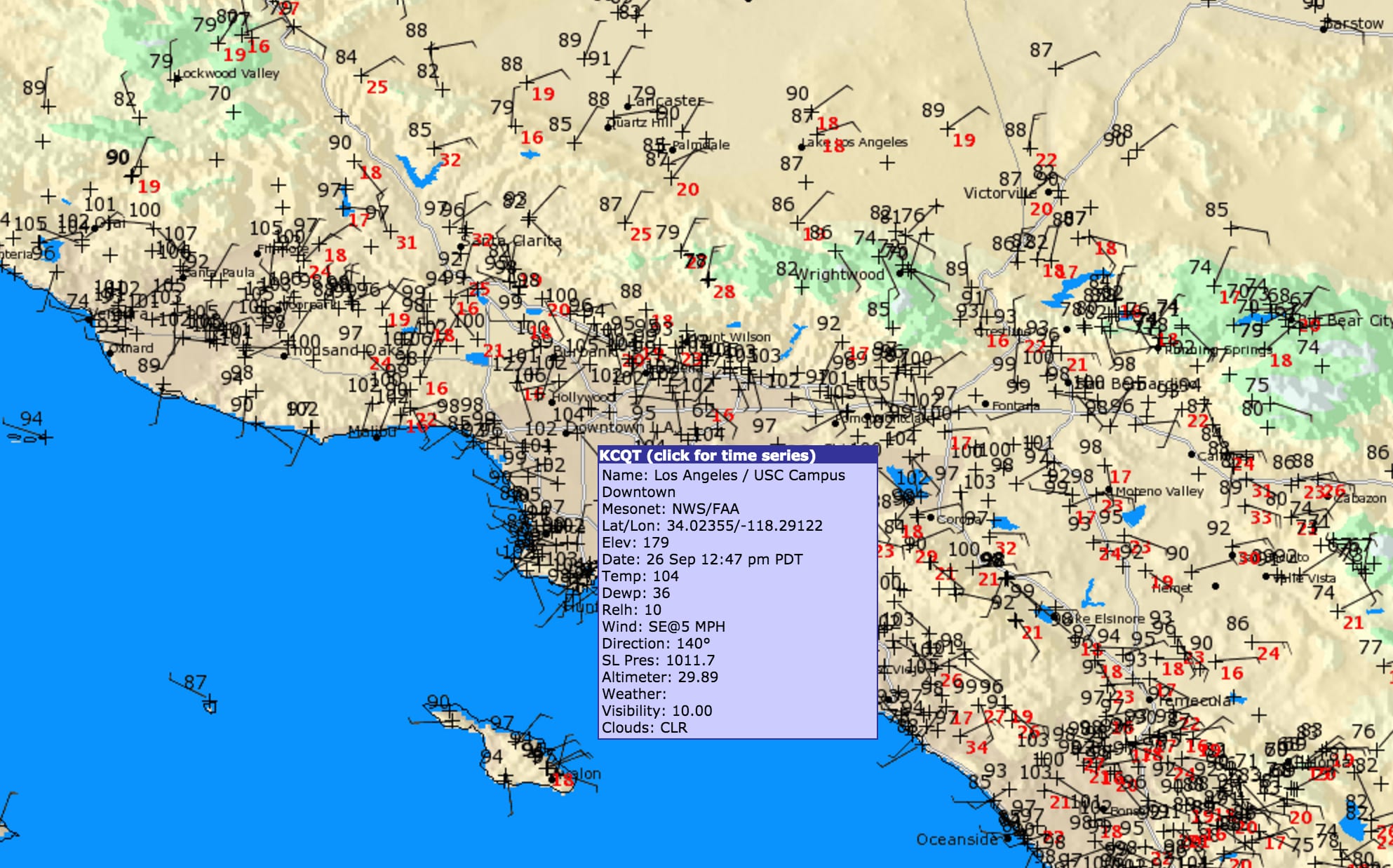The National Weather Service's heat map for Southern California today.