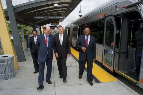 A media event was held this morning to announce the federal grant. From left, the FTA's Ray Telles, Rep. Brad Sherman, Metro Board Chair John Fasana and Metro CEO Phil Washington. Photo by Gary Leonard for Metro.