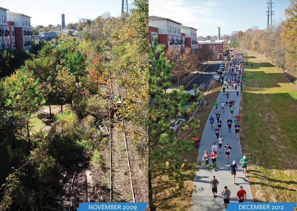 A before and after view of part of the Atlanta Belt Line project. Credit: Atlanta Belt Line.
