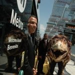 Hunter welcomes the Mayor and a train-full of dignitaries to Expo Park, where dinosaurs roam free but take rail safety very seriously. Photo by Luis Inzunza.