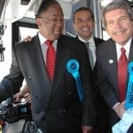 From left, Los Angeles County Supervisor Mark Ridley-Thomas, Mayor Antonio Villaraigosa and County Supervisor Zev Yaroslavsky, with inaugural train operator Carolyn Kelly. Photo: Luis Inzunza