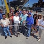 United Chambers of Commerce chairman John Parker and Hitesh Patel, who directed the construction of the Orange Line Extension, lead the welcoming ceremony at Canoga Station.