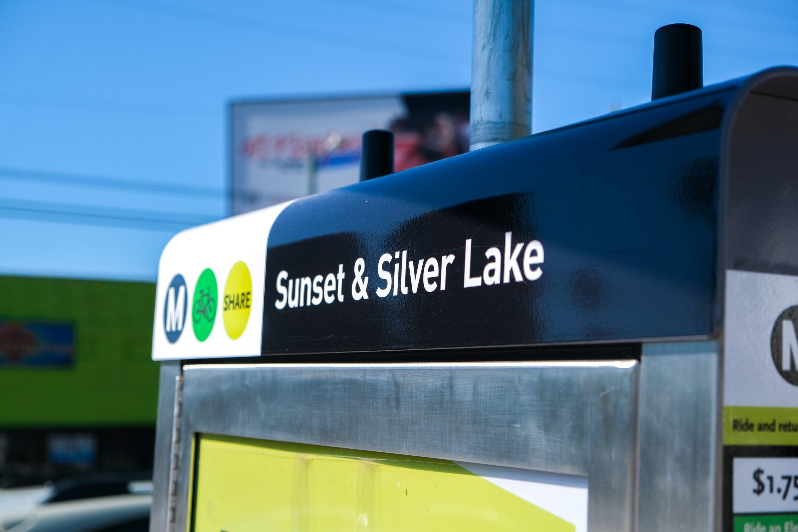 Top of Metro Bike Share station kiosk reading Sunset & Silver Lake