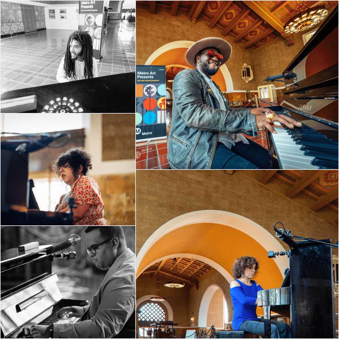 Pianists Jamael Dean, Brandon Coleman, Inna Faliks, Jonathan Montes, and Donia Jarrar, clockwise from top left, performing in the Union Station Waiting Room in June