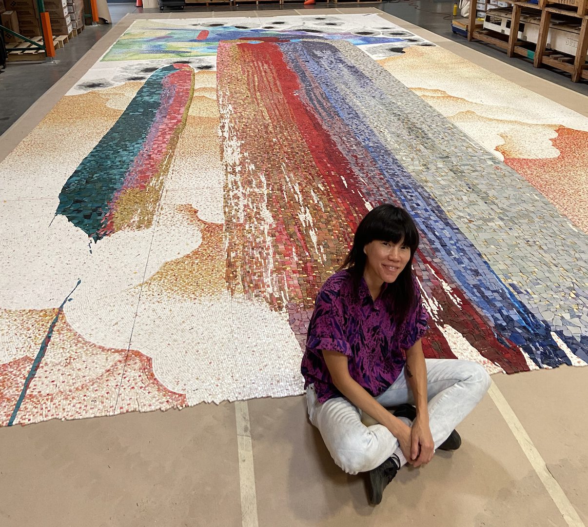 Pearl C. Hsiung's mosaic mural work-in-progress for the Regional Connector Transit Project.
