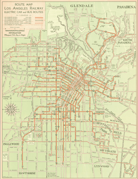 Los Angeles Railway Corporation (LARy) route map covering electric car and bus routes, 1935, front view.