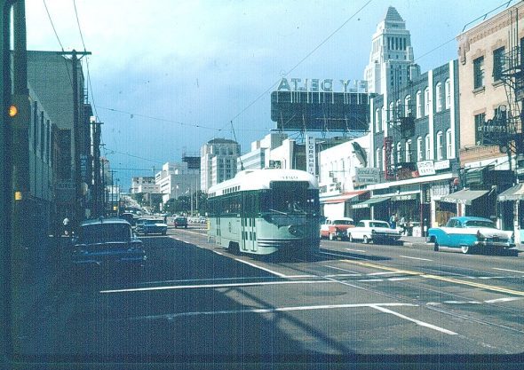 LARy P Line in Little Tokyo on 1st Street approaching Central, near future Little Tokyo/Arts District Station, part of Regional Connector. Photo by Alan Weeks.