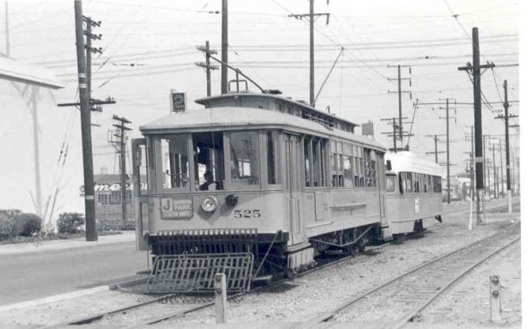 LARy/Los Angeles Transit Lines J Line Huntington Standard (Type B) and (Type P) PCC cars on Pacific Av and 55th in Huntington Park in 1955, near the future West Santa Ana Branch Transit Project.