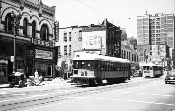 LARy Line 5 on Broadway at 2nd St in 1949 near the Regional Connector's future Historic Broadway Station.