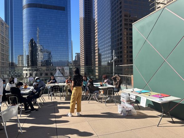 The workshop took place on the 6th floor of the MOCA, overlooking Bunker Hill neighborhood and allowing the teens to safely see High Prismatic and the underground construction site from above. 