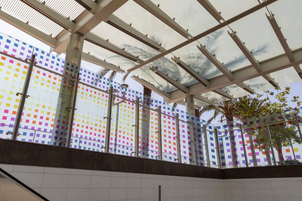 <i>Inside Out - Outside In - Inside Out </i> takes advantage of the changing position of the sun to reflect an array of colors onto surrounding surfaces by day and transforms the glazed pavilion into an illuminated jewel box by night.