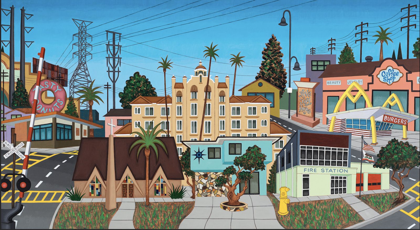 Colorful architectural landmarks—including mid-century churches, food stands and dingbat apartment buildings—are framed by stylized streets and railroad crossings capture the nostalgic past and urban present in this tribute to Downey by Jeaneen Carlino.
